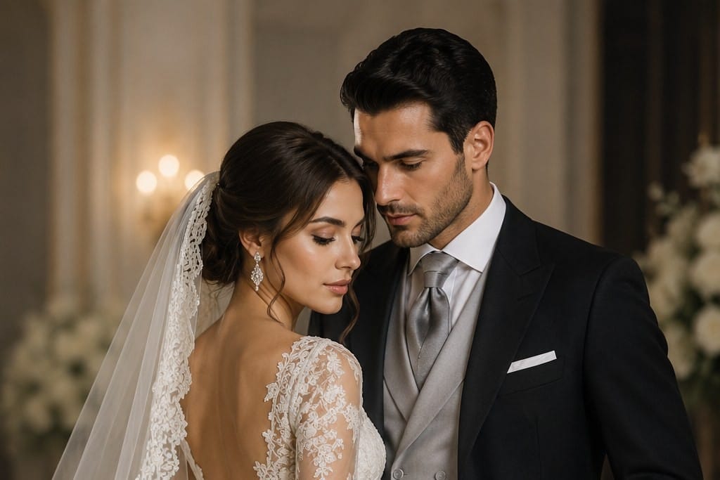 Mireasă în rochie albă cu văl și mire în jaquet, la o nuntă elegantă