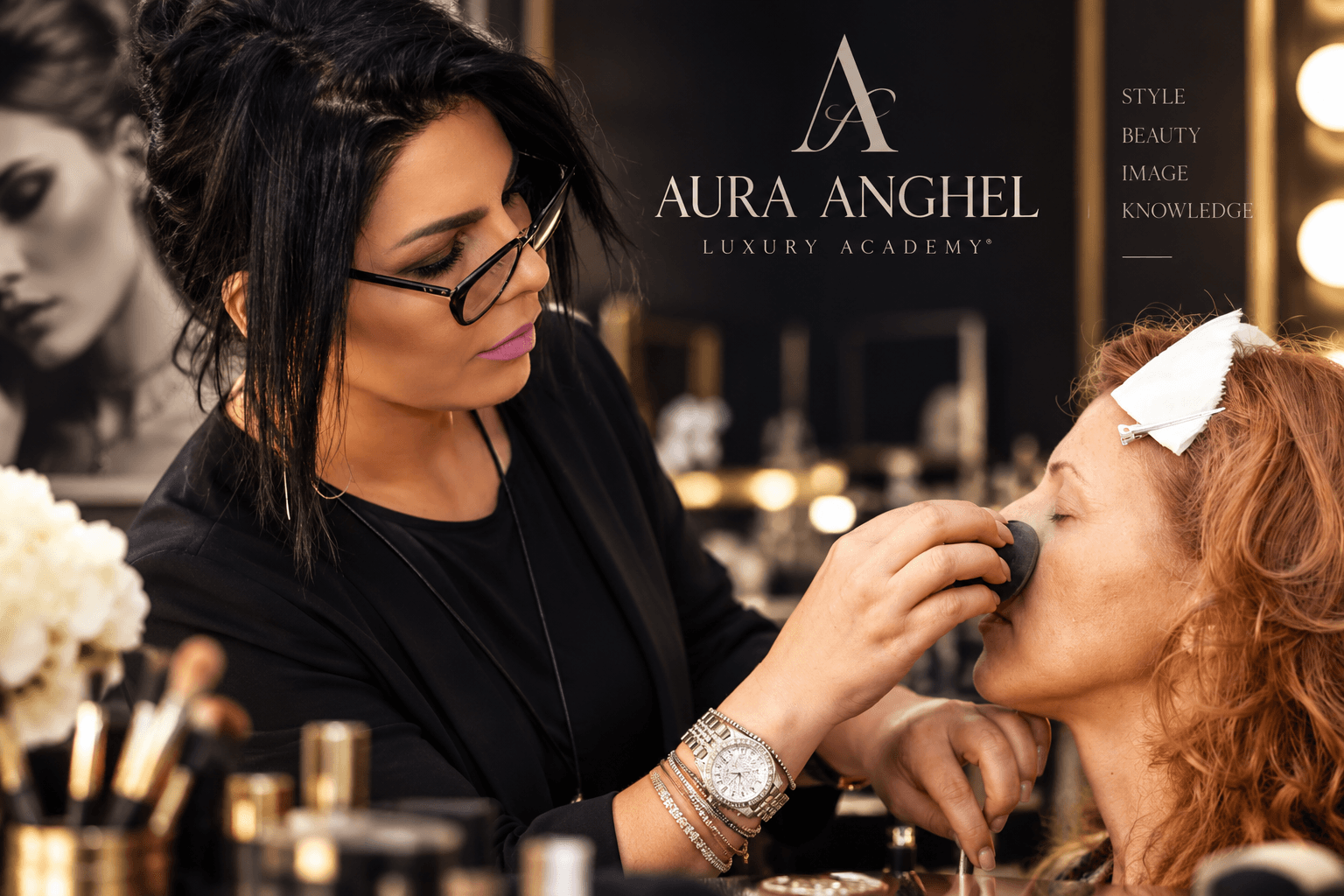 Aura Anghel in studioul Luxury Academy, aplicand machiaj profesional