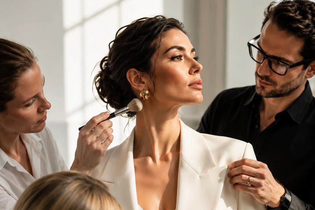 Echipă de styling pregătind o femeie într-un costum crem, proces de consultanță de imagine