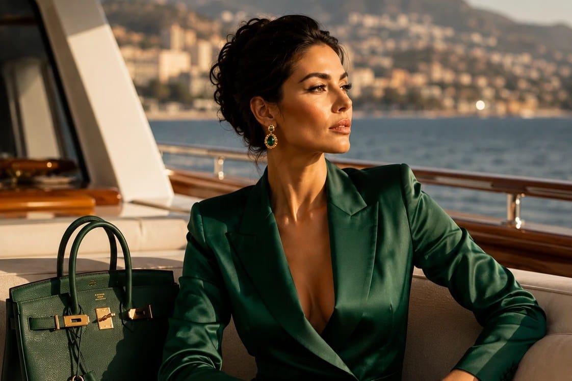 Femeie în costum verde smarald pe un iaht, cu o geantă Birkin: imaginea luxului