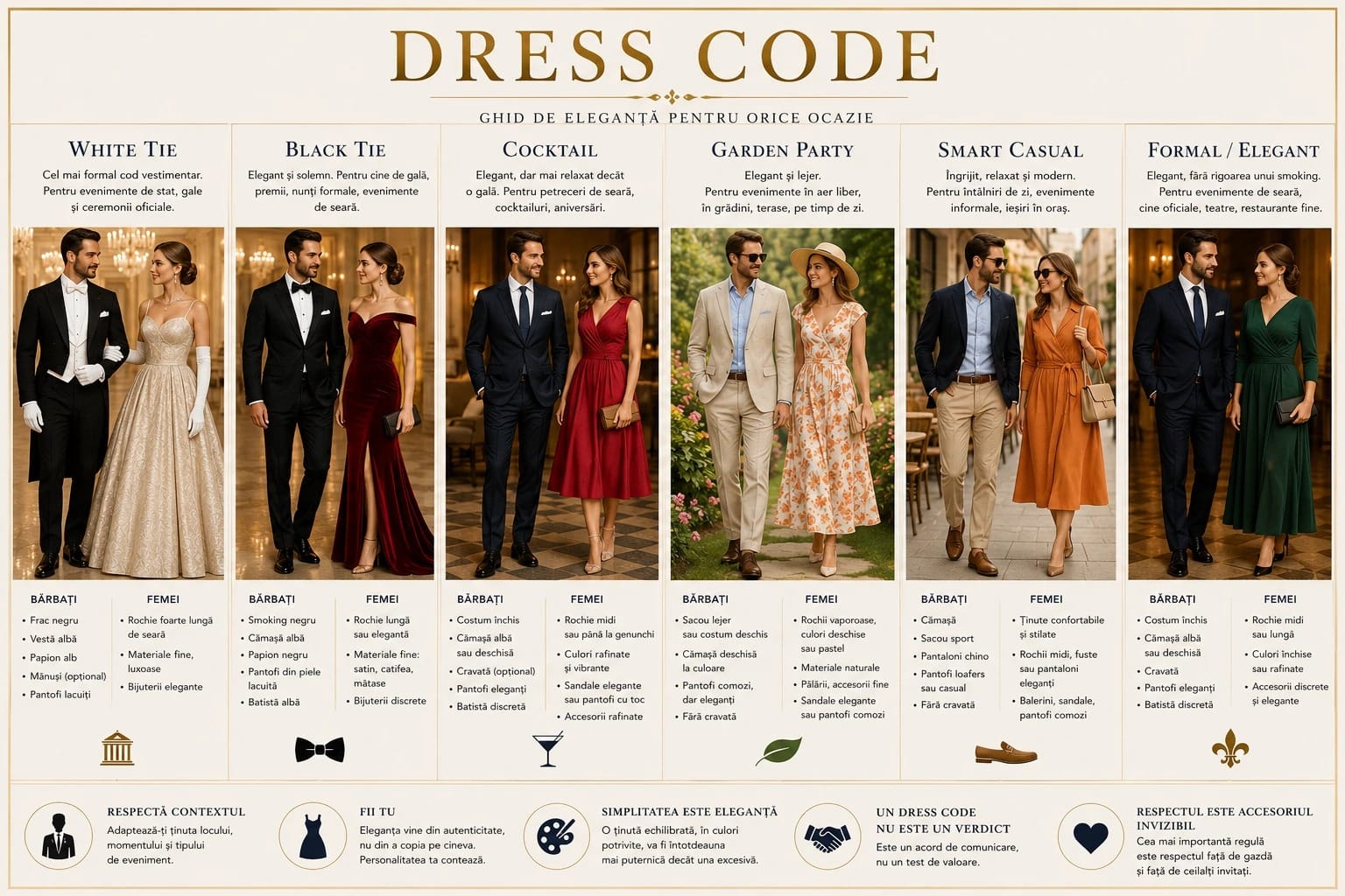Infografic cu șase coduri vestimentare (White Tie, Black Tie, Cocktail, Garden Party, Smart Casual, Formal/Elegant) cu ținute pentru bărbați și femei