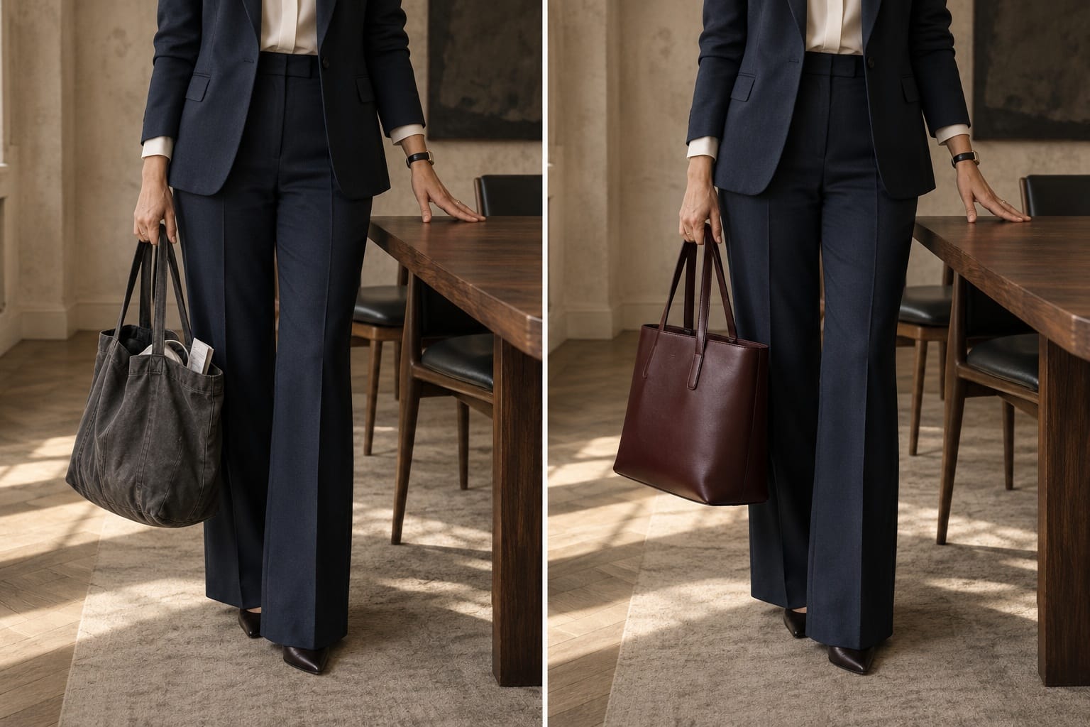 Același costum bleumarin, cu un sac de pânză moale și cu o geantă bordo structurată.