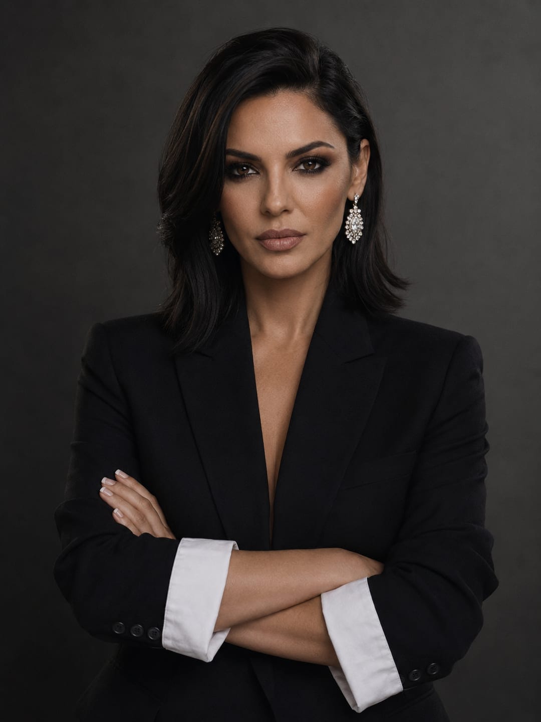 Aura Anghel, consultant de imagine. Blazer negru, brațe încrucișate, privire directă